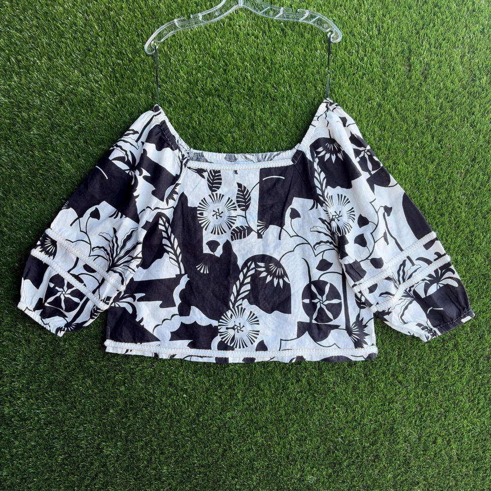 Nicole Miller New‎ York Womens Linen Floral Square Neck Crop Top Size XL